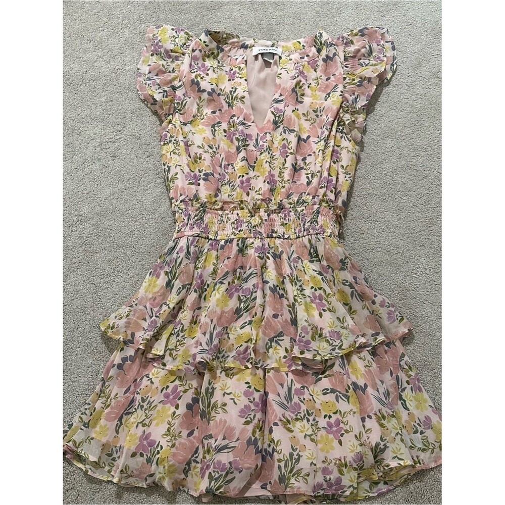 Yumi Kim Bianca Floral Tiered Ruffle Smocked Waist Flutter Sleeve Dress XS EUC